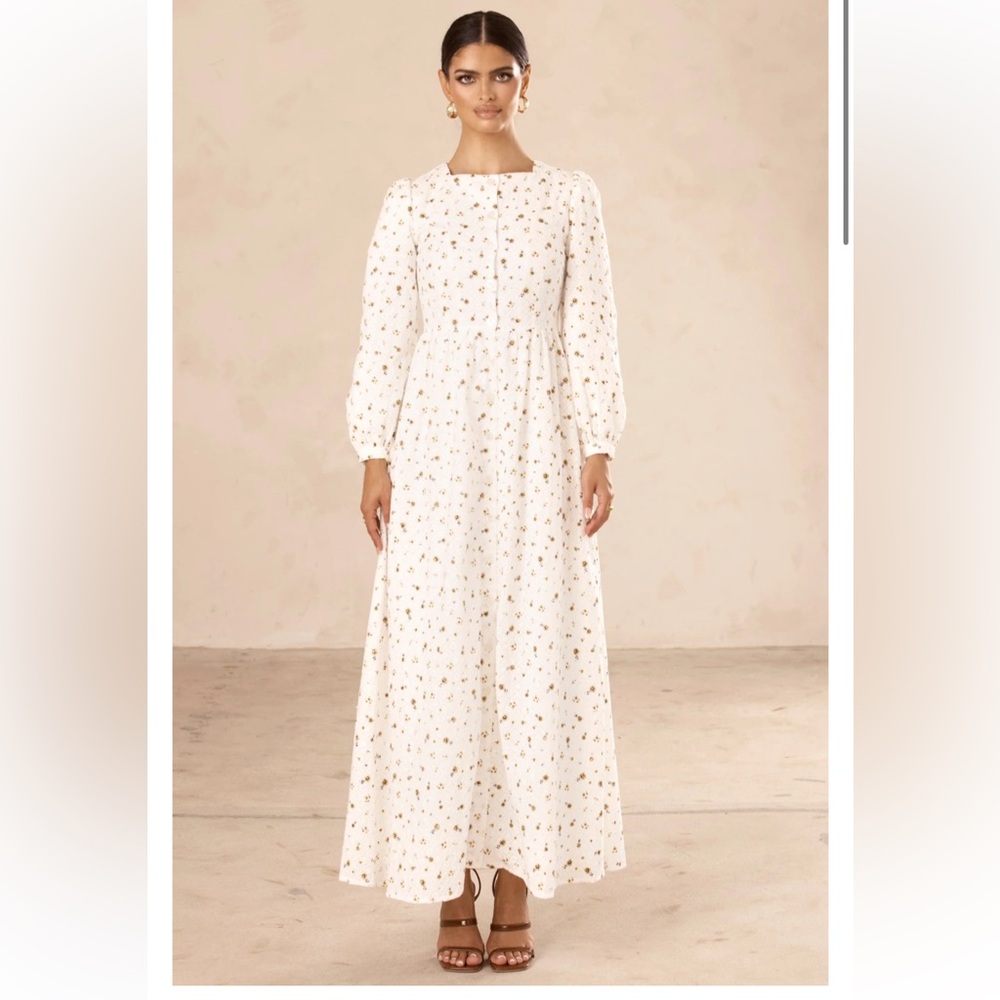 Veiled Collection Halima Floral Long Sleeve Maxi Dress White Yellow Green XXL 2X